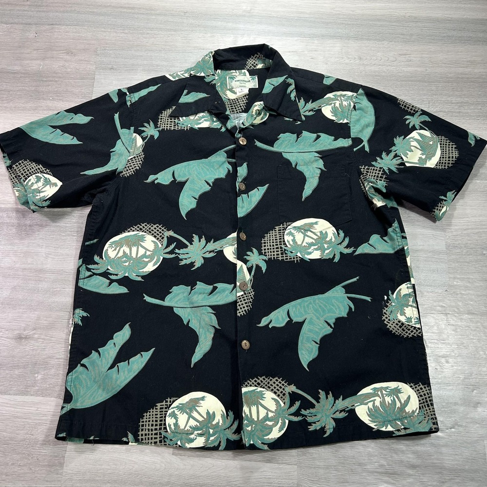 VINTAGE‎ Kamehameha Shirt Mens Large Black Palm Tree Hawaiian Button Up Top